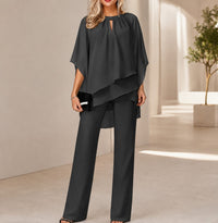 Celienne™ Set mit Chiffonbluse, Mullet-Saum und eleganter Hose mit geradem Schnitt / Ein kompletter Look für besondere Anlässe in Schwarz