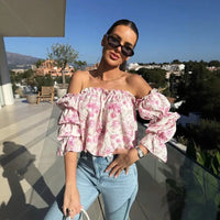 Florenze™ Bluse mit schulterfreiem Design und eleganter Blumenoptik in Rosa Mit Blumenmuster