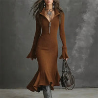 Evora Luxe™ Kleid Aus Geripptem Strick Mit Frontreißverschluss und Meerjungfrauensaum in Kaffeebraun