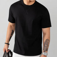 Louis™ T-Shirt aus Premium-Baumwolle mit Elasthan und geripptem Rundhalsausschnitt in Schwarz