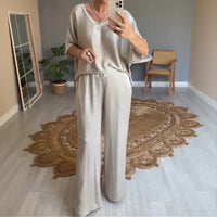 Marevielle™ Set Aus Satinartigem Stoff Mit Lockerer Bluse und Fließender Pantalonhose in Grau