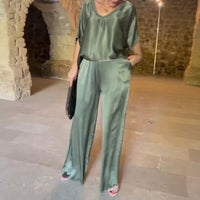 Marevielle™ Set Aus Satinartigem Stoff Mit Lockerer Bluse und Fließender Pantalonhose in Moosgrün