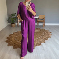 Marevielle™ Set Aus Satinartigem Stoff Mit Lockerer Bluse und Fließender Pantalonhose in Lila