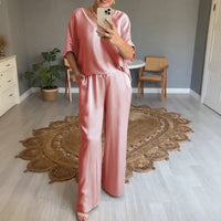 Marevielle™ Set Aus Satinartigem Stoff Mit Lockerer Bluse und Fließender Pantalonhose in Rosa