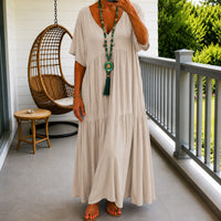 Liorenna™ Kleid aus Baumwoll-Leinen mit Lockerer Passform und V-Ausschnitt in Beige