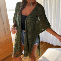 Calivie™ Cardigan Aus Lochstrick Mit Fransen Und Handwerklicher Struktur in Grün