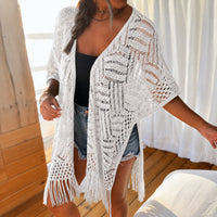 Calivie™ Cardigan Aus Lochstrick Mit Fransen Und Handwerklicher Struktur in Weiß