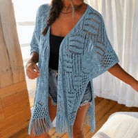 Calivie™ Cardigan Aus Lochstrick Mit Fransen Und Handwerklicher Struktur in Hellblau