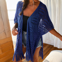 Calivie™ Cardigan Aus Lochstrick Mit Fransen Und Handwerklicher Struktur in Blau