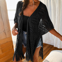 Calivie™ Cardigan Aus Lochstrick Mit Fransen Und Handwerklicher Struktur in Schwarz