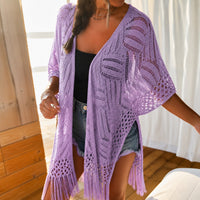 Calivie™ Cardigan Aus Lochstrick Mit Fransen Und Handwerklicher Struktur in Lila