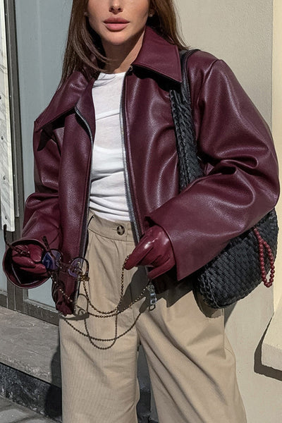 Fudus | Weinrot Pu Jacke Mit Reißverschluss