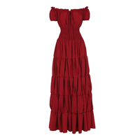 Margaret - Damen Maxikleid mit schulterfreiem Design und gestuftem Rock mit gerafftem Bund in Weinrot