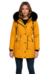 Damen Winterparka mit Kapuze, Taschen und Tunnelzug in Senfgelb