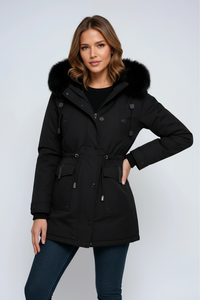 Damen Winterparka mit Kapuze, Taschen und Tunnelzug in Schwarz