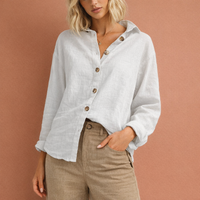 Leinenlook-Bluse mit Knopfverschluss für Damen | Esmée in Weiß