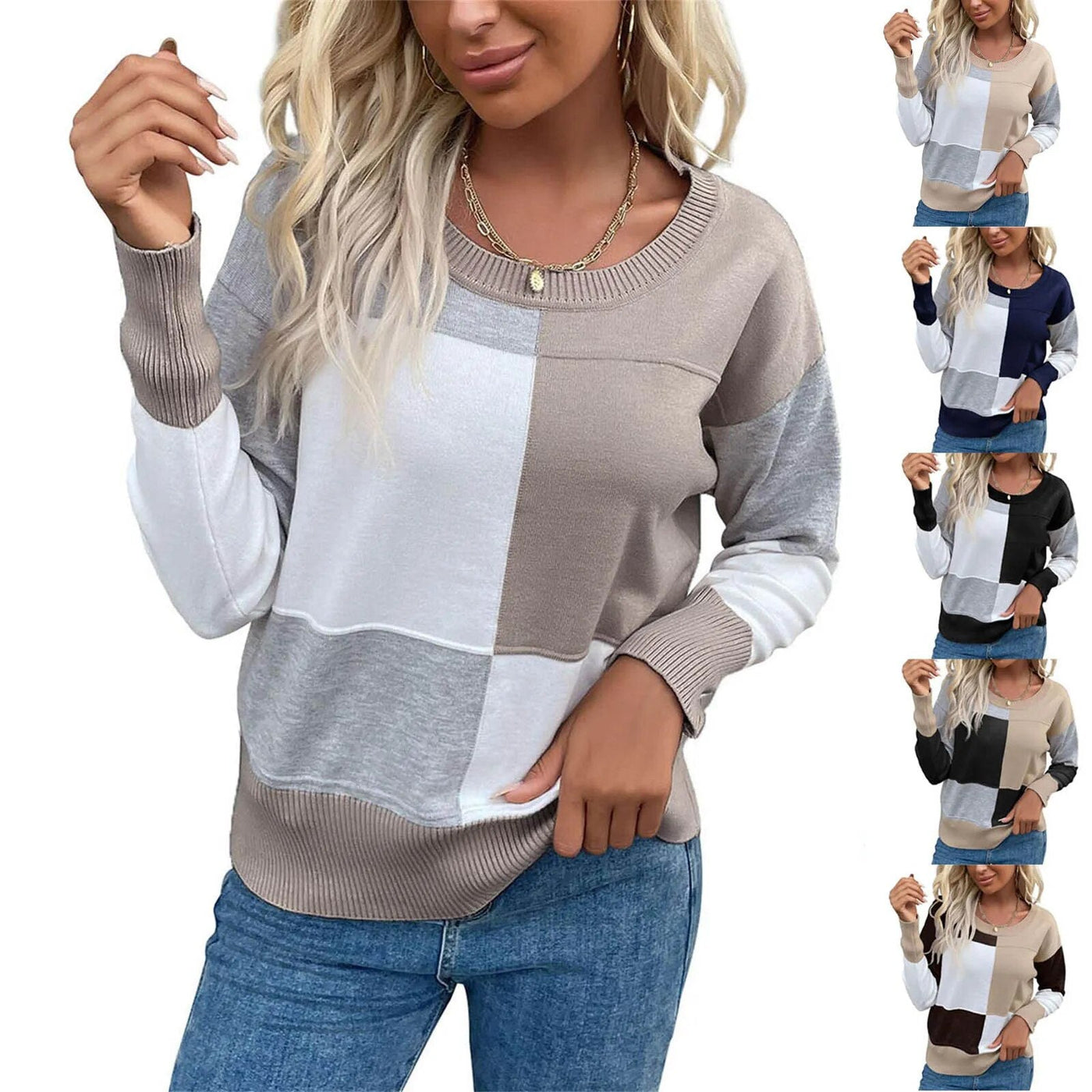 Lässiger karierter Langarmpullover mit Rundhalsausschnitt