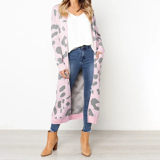 Leoparden-Langarm-Strickjacke