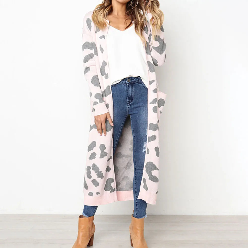 Leoparden-Langarm-Strickjacke