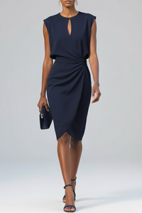 Céline | Damen Midikleid Schlüsselloch Geraffter Taille Elegant Modern in Marineblau