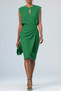 Céline | Damen Midikleid Schlüsselloch Geraffter Taille Elegant Modern in Grün