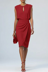 Céline | Damen Midikleid Schlüsselloch Geraffter Taille Elegant Modern in Rot