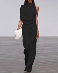 Viviane | Damen Ein-Schulter Jumpsuit Weitbein Elegant Modern Festlich in Schwarz