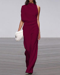Viviane | Damen Ein-Schulter Jumpsuit Weitbein Elegant Modern Festlich in Dunkelrot