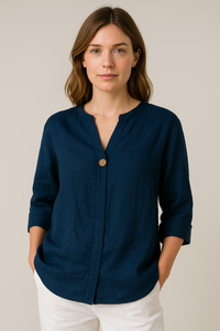 Brigitte | Damen Sommer Bluse V-Ausschnitt Leicht Feminin Casual Modern in Marineblau