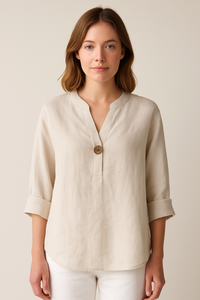 Brigitte | Damen Sommer Bluse V-Ausschnitt Leicht Feminin Casual Modern in Beige
