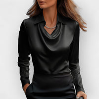 Sofia | Damen Bluse Wasserfallkragen Fließend Feminin Elegant Casual in Schwarz