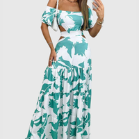 Xiomara | Damen Maxi-Kleid mit kurzen Ärmeln und Ausschnitt in Türkis