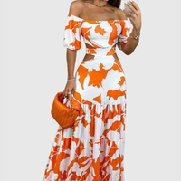 Xiomara | Damen Maxi-Kleid mit kurzen Ärmeln und Ausschnitt in Orange