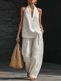 Nele | V-Ausschnitt-Top & weite Hose im Leinen-Look in Weiß
