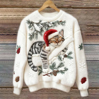 Elisabetta – Plüschpullover Mit Fauler Katze in Weiß