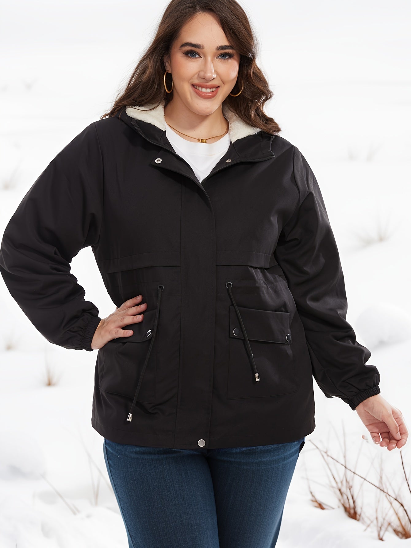 Outdoor Polyester Parka Wintermantel mit Fleece-Fütterung, Kapuze und Kordelzug für Damen | Ideal für den Winter