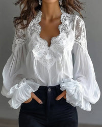 Alena | Damen Bluse Elegant Spitzendetails Feminin Raffiniert Business in Weiß