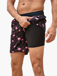 Herren-Badeshorts mit Kompressions- und schnell trocknendem Stoff in Schwarzer Flamingo