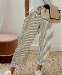 Nathalie | Damen Gestreifte Weite Hose in Khaki