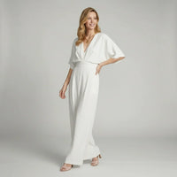 Léonie | Damen Jumpsuit Kurzarm V-Ausschnitt Elegant Modern Sommer in Weiß