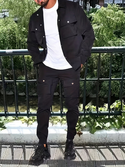 Lässiger Langarm Trainingsanzug mit Reissverschluss, Brusttaschen und Kordelzughose für Herren | Perfekt für Outdoor-Aktivitäten