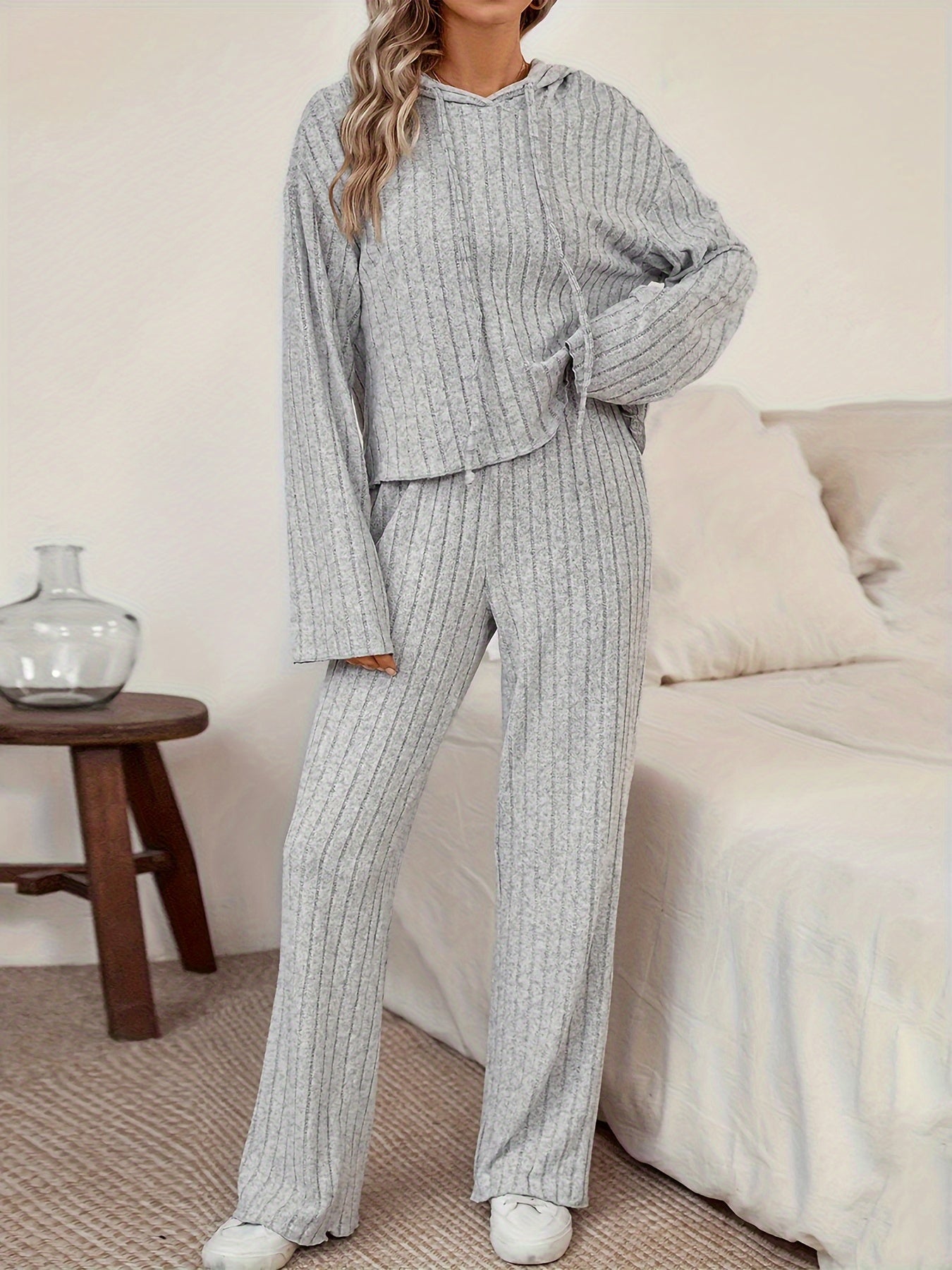 Damen Freizeit-Uni-Farbener Kapuzenpullover und Gerade-Jogginghosen mit Kordelzug | Ideal für Active Wear