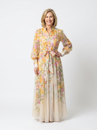 Adelheid | Damen Blumen Maxikleid mit Langarm in Gelb
