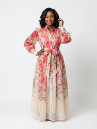 Adelheid | Damen Blumen Maxikleid mit Langarm in Rot