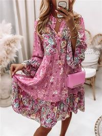 Adelheid | Damen Blumenmuster V-Ausschnitt Langarm Midi Kleid in Rosa