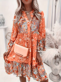 Adelheid | Damen Blumenmuster V-Ausschnitt Langarm Midi Kleid in Orange