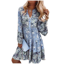 Adelheid | Damen Blumenmuster V-Ausschnitt Langarm Midi Kleid in Blau