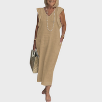 Adelina | Damen Ärmellos V-Ausschnitt Maxi Kleid in Khaki