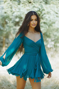 Gaia | Damen Mini Rüschen Kleid Verspielt Feminin Sommer Party in Dunkel Teal