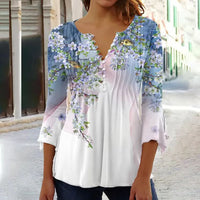 Almut | Damen Langarmbluse Blumenprint V-Ausschnitt in Hellblau